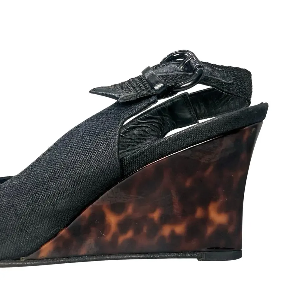 Vintage Stuart Weitzman Black Peep Toe Slingback Wedges Tortoise Resin Heels - Picture 5 of 16